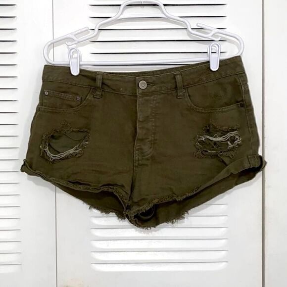 Button Fly Cut-Offs Jean Shorts Denim Olive Green Army 28 - Picture 1 of 2